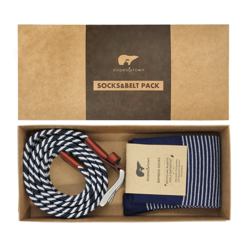 Geschenkdoos riem Peter en witte gestreepte sokken