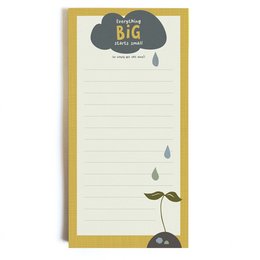 A notepad with the text "Everything big starts small" and a cloud-like graphic with raindrops. The notepad appears to be made of paper and has a yellow border.