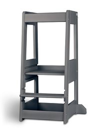 Gray wooden learning tower with cutouts for child safety and stability. Suitable for babies and toddlers.