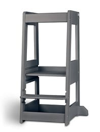 Gray wooden learning tower with cutouts for child safety and stability. Suitable for babies and toddlers.