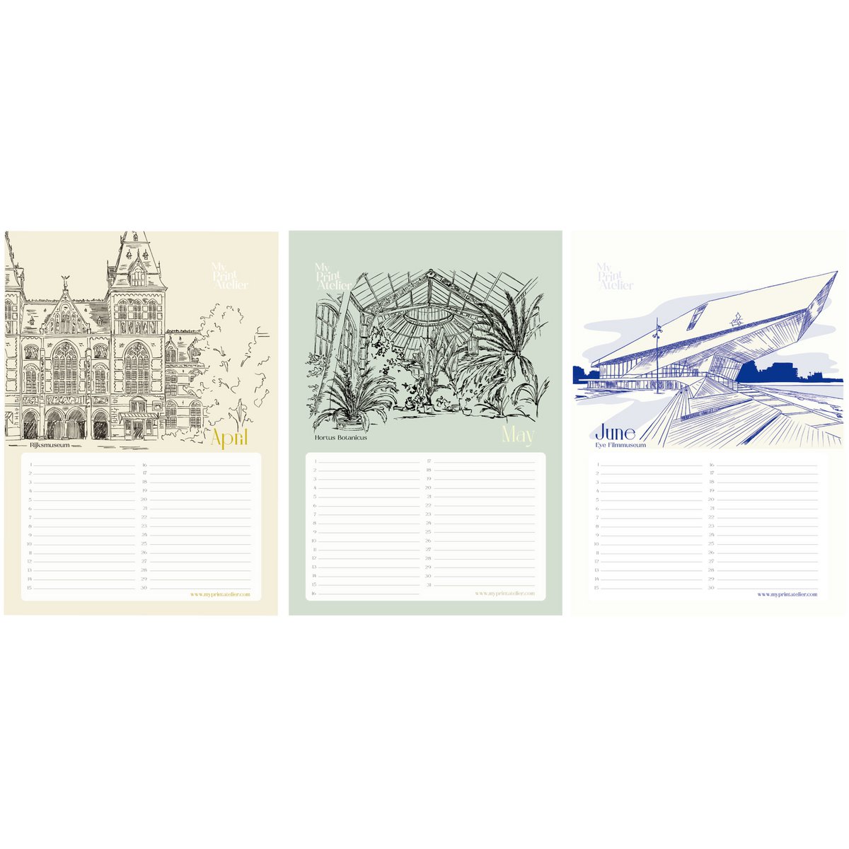 Verjaardagskalender Amsterdam Icons - Annet Weelink Design Amsterdam Schetsen - A4 - Eeuwigdurende Kalender - Premium Papier