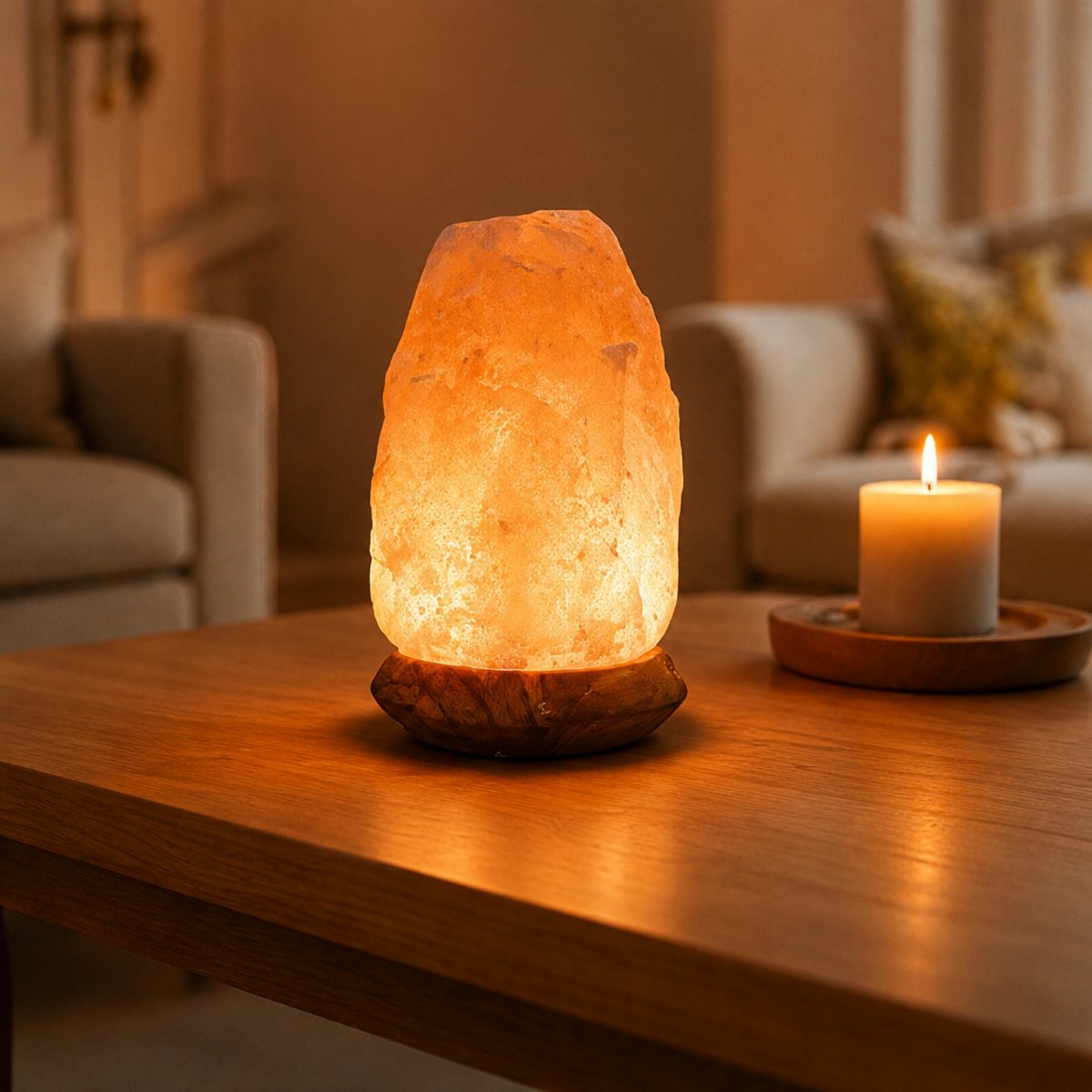 USB-lamp uit Himalayazoutkristal – steen 600 g – houten voet – decoratief object