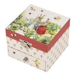 A cube-shaped music box featuring the classic Peter Rabbit character and a carrot design. The box has a red border and a mirror inside, with a whimsical, nature-inspired pattern on the exterior.
