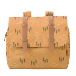 A yellow backpack with a spruce tree pattern, suitable for school use.