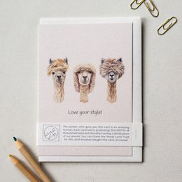 Whimsical greeting card featuring illustrated alpacas with the text "Love your style!". The card is suitable for friendship or any occasion.