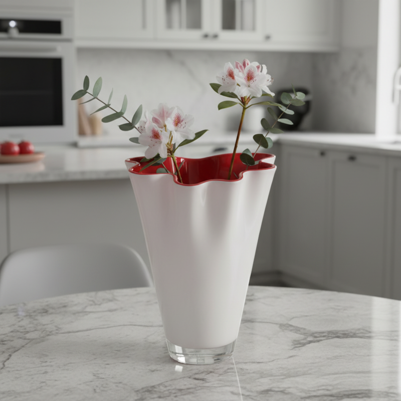 Vase glas bølget tofarvet hvid rød bordvase glasvase 21 x 21 x 30 cm