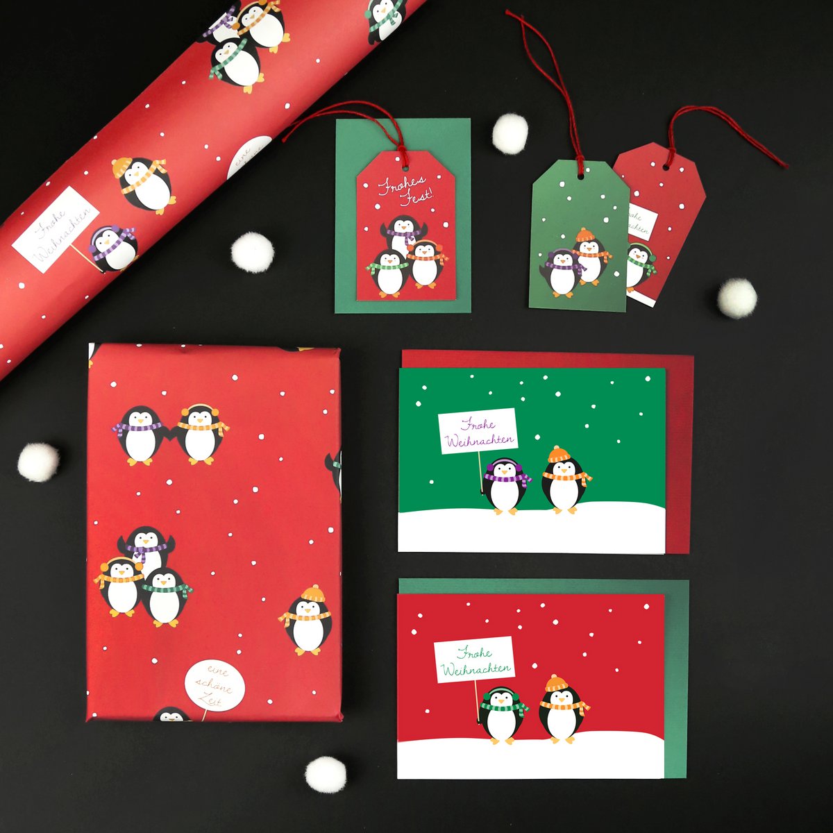 Weihnachtskarte Pinguin Peter Grün