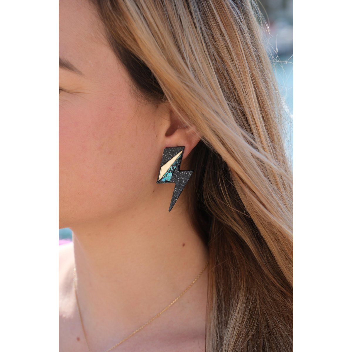Boucles d'Oreilles Puces Maxi Eclairs Turquoise + Or