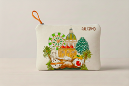  Clutch - Palermo, a colorful and whimsical clutch featuring a Palermo-inspired design with domes, palm trees, and other iconic elements.