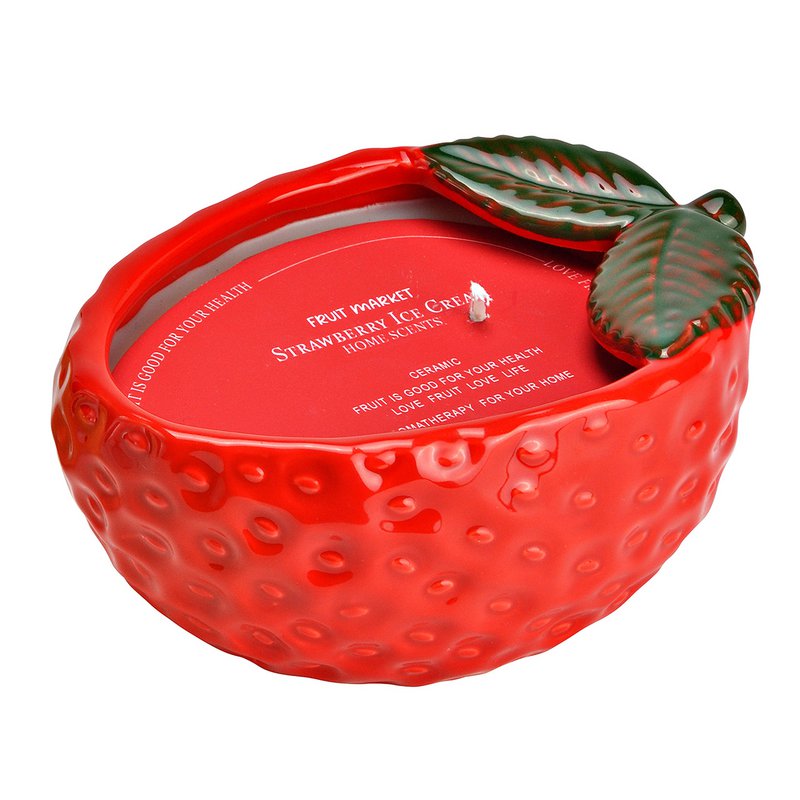 Keramieken aardbeilantaarn met geurkaars 280g, rood (B/H/D) 14x6x10cm