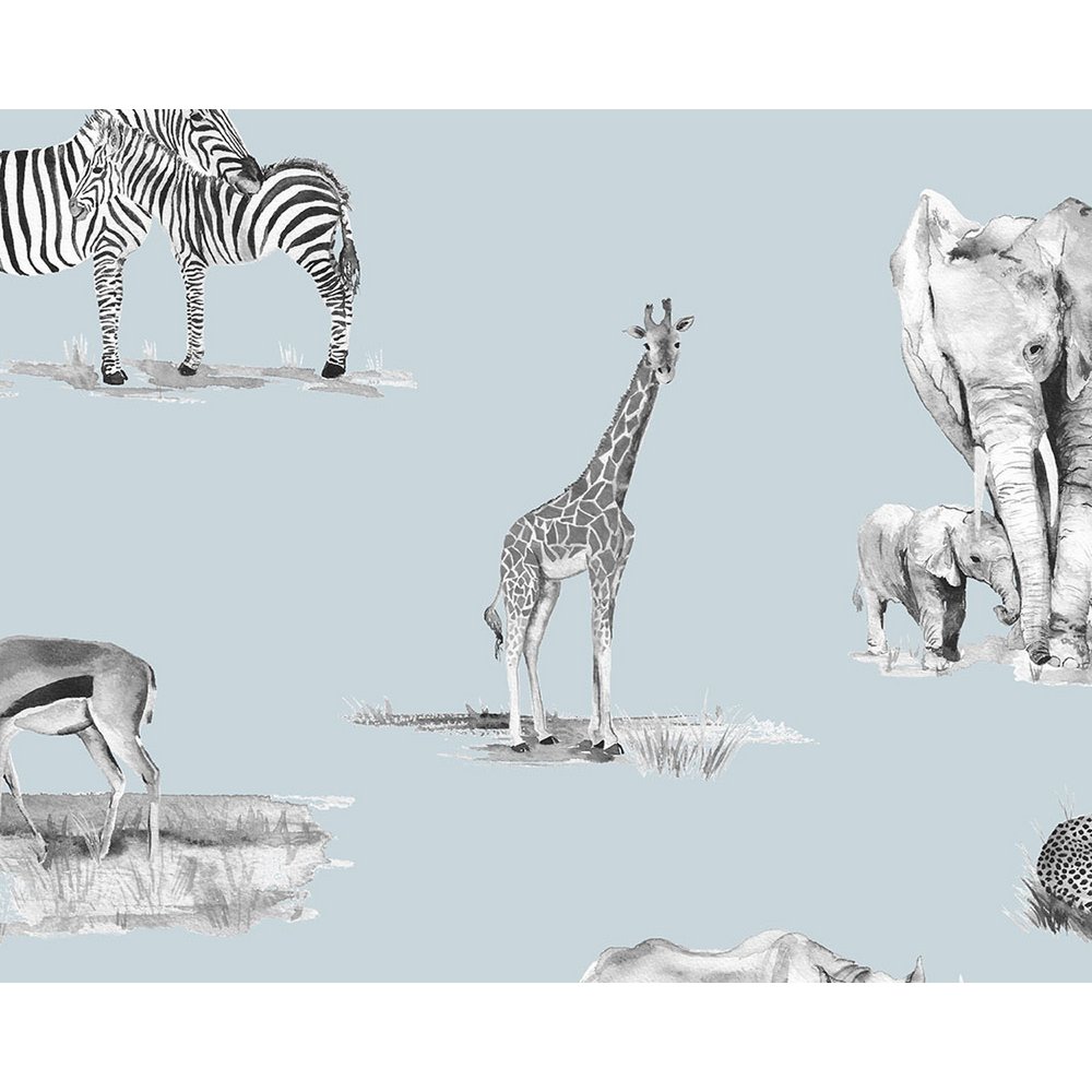 Carta da parati per bambini Safari Animals - Colore blu monocromatico