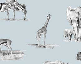 Safari Animals Children's Wallpaper -  Blue Monochrome Colour