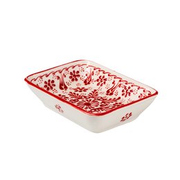Rectangular ceramic soap dish in red with hand-painted floral pattern.