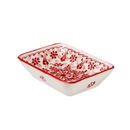 Rectangular ceramic soap dish in red with hand-painted floral pattern.