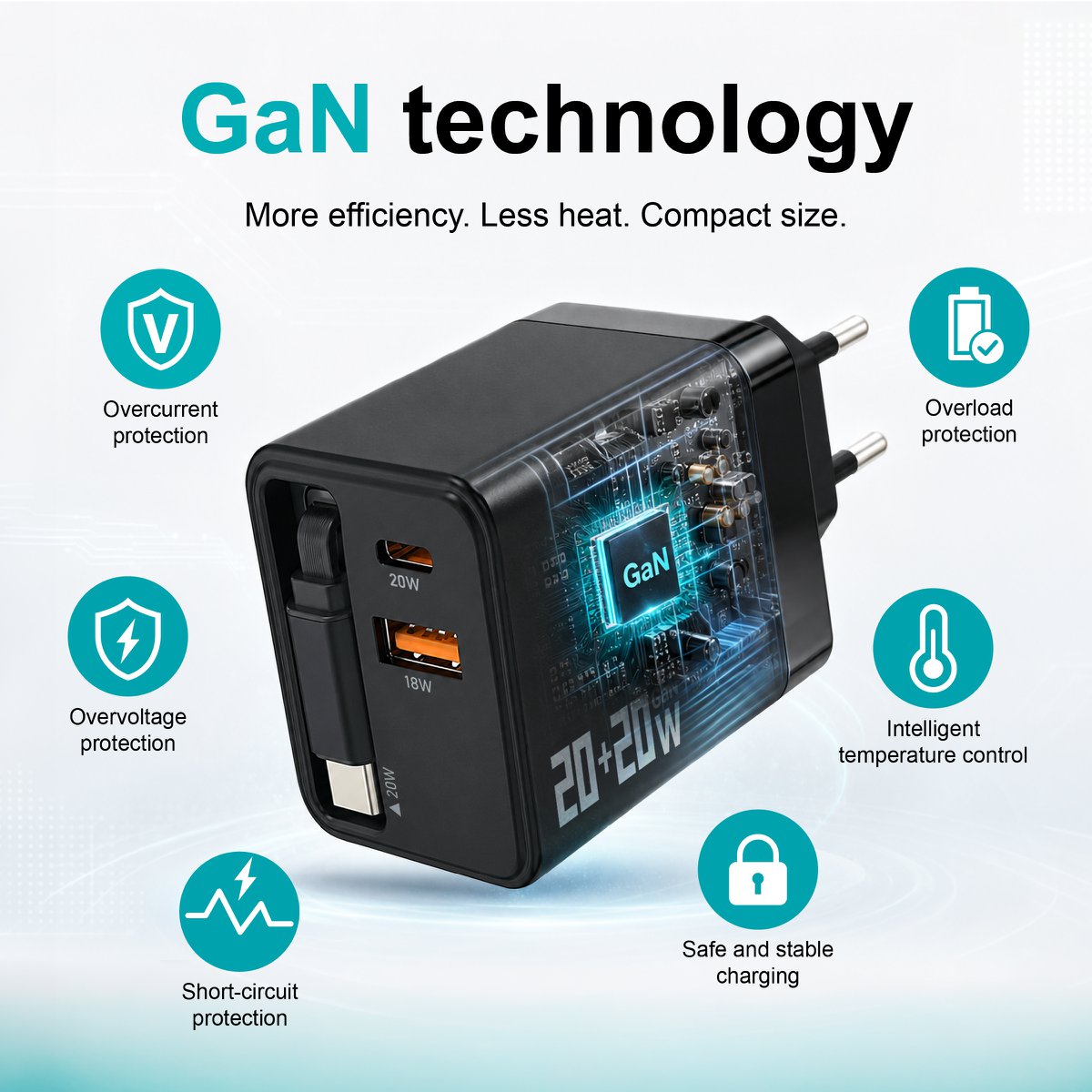 Cargador GaN de 40W con cable USB-C retráctil – NOVOTECK C-025