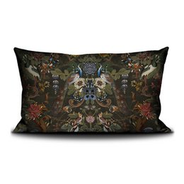 A large, rectangular decorative cushion cover featuring a vibrant, nature-inspired pattern with various animals, flowers, and abstract elements in shades of green, brown, and blue.