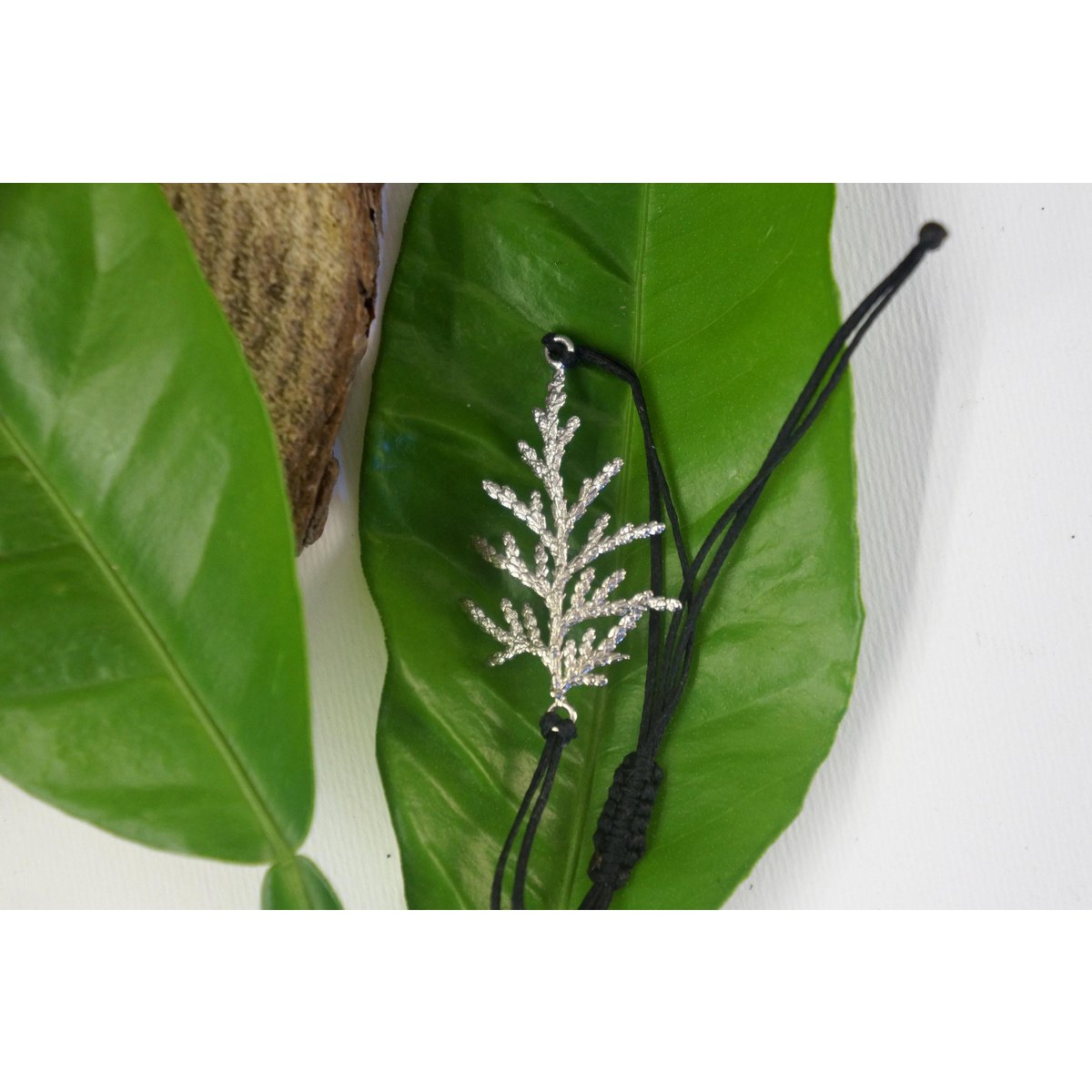 Botanical Macrame Bracelet: Cypress Leaf Design - Sterling Silver