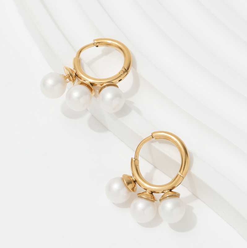 Kiril - Triple Pearl Row Gold Huggie Earrings