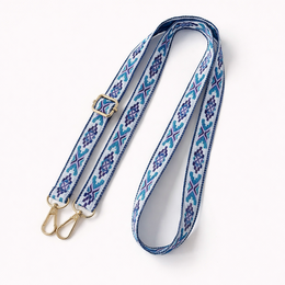 "Long phone strap with blue geometric pattern, adjustable neck strap, available in multiple colors including pink, blue, beige, orange, brown, rose"