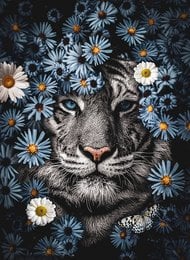 This poster features a close-up image of a lion's face surrounded by vibrant blue and white daisy flowers. The lion's expression is calm and serene, creating a striking contrast with the colorful floral background. This product would be suitable for home decor, office spaces, or as a gift for nature and animal lovers.