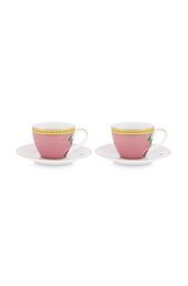 Set of 2 pink espresso cups and saucers with a floral pattern and gold trim, suitable for serving espresso or other hot beverages.