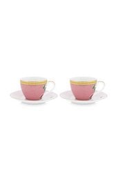 Set of 2 pink espresso cups and saucers with a floral pattern and gold trim, suitable for serving espresso or other hot beverages.