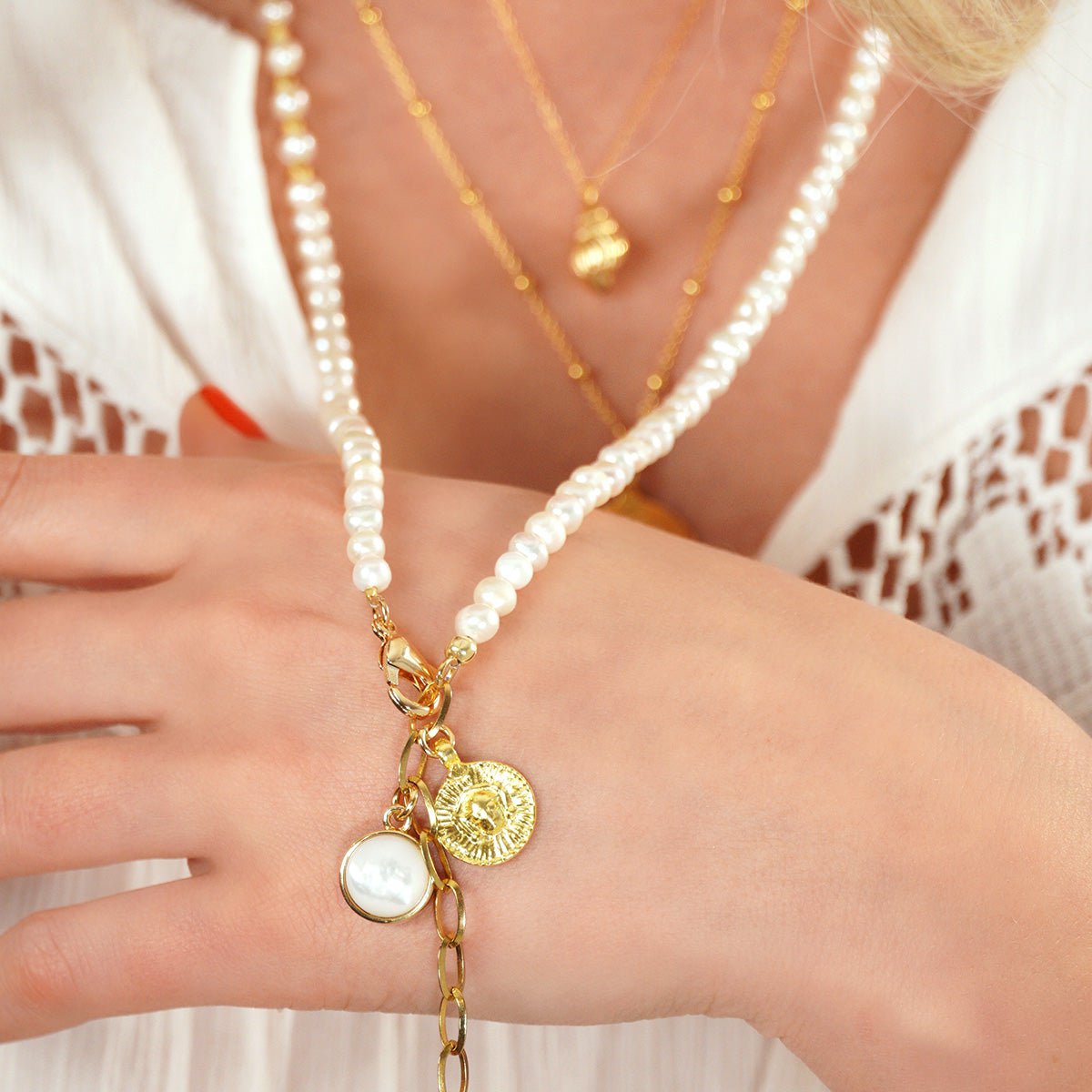 Bracciale avvolgente in perle d'acqua dolce, crema