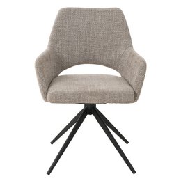 Beige upholstered dining chair with swivel base and black metal legs. Suitable for modern dining rooms.