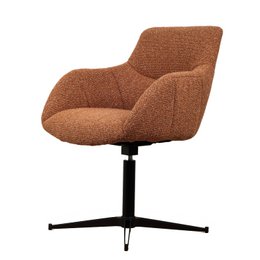 Tan, woven dining chair with a swivel base and armrests. The chair has a modern, minimalist design with a comfortable, upholstered seat and backrest.