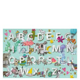 Green vinyl playmat with colorful alphabet letters, animals, and shapes. Suitable for children's play and learning.