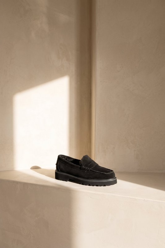 ISIDRO ZWART - Suède loafers gevoerd met imitatiebont