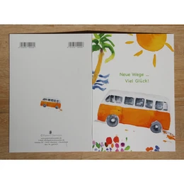 Neue Wege | Viel Glück | Aquarellkarte Bus & Sonne