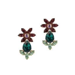 Tropical flower earrings with small burgundy and green gemstone flowers on a gold-tone setting.