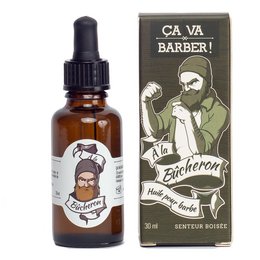 Organic beard oil in 30 ml bottle, featuring a lumberjack-inspired design. Contains natural ingredients for nourishing and conditioning facial hair.