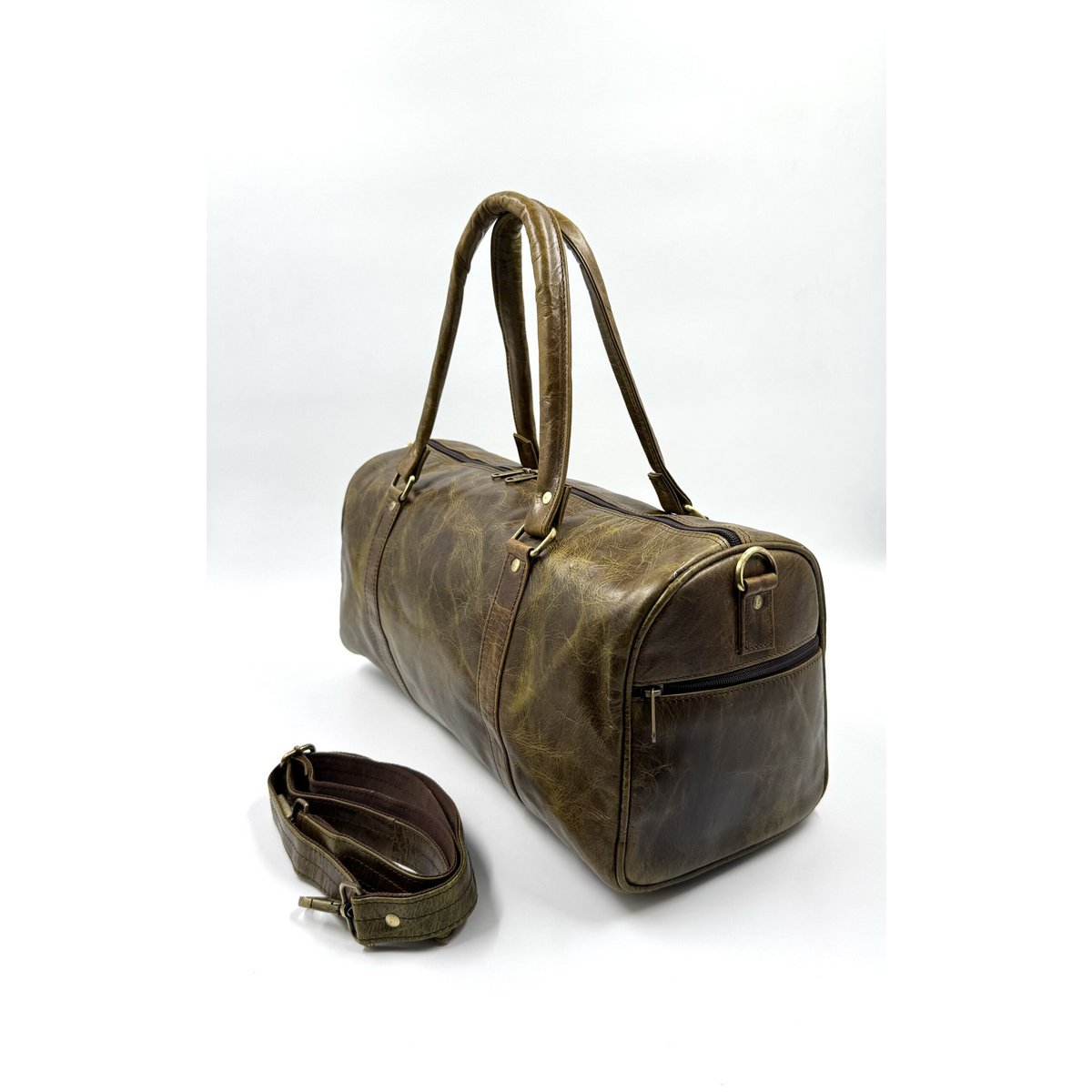 Borsa da viaggio fatta a mano in pelle verde oliva scuro – Borsone da weekend compatto artigianale “Deep Forest” da 42 cm e borsone unisex