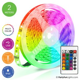 Multicolor RGB LED strip, 2 meters long, works on USB, with remote control for adjusting color and brightness.