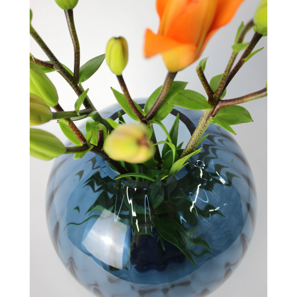Glass vase round grooves blue vase glass handmade ball vase