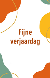 Colorful birthday card with the text "Fijne verjaardag" (Happy Birthday in Dutch). The card features abstract shapes and patterns in shades of orange, yellow, and green.