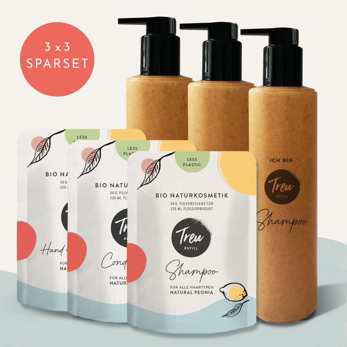 Startset biologische shampoo, conditioner, hand & body wash inclusief navulflessen van vloeibaar hout