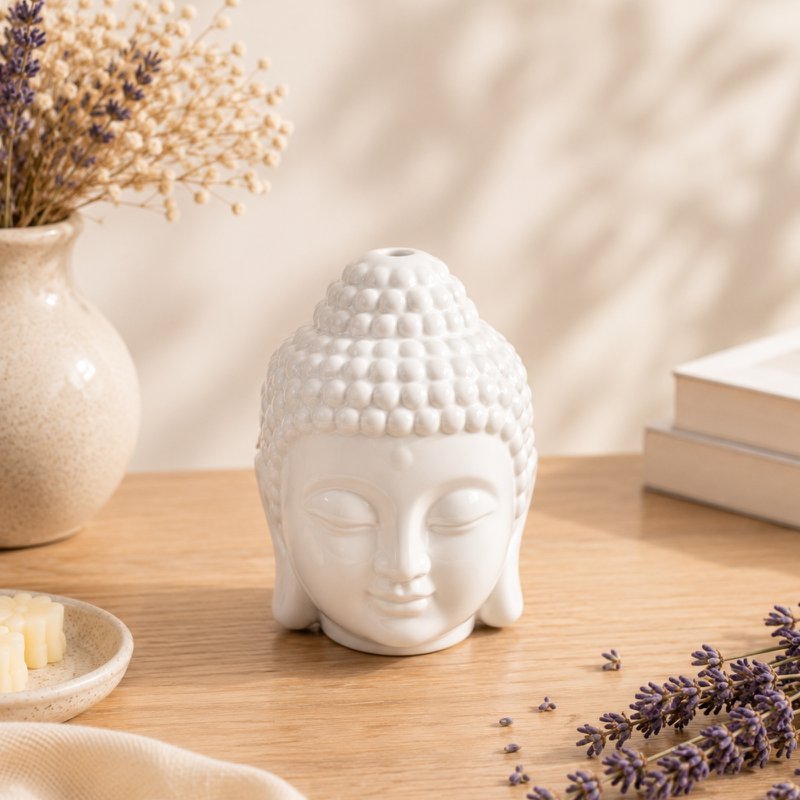 Brûle-Parfum Céramy Bouddha Dhyana Blanc - Atmosphère Parfumée - Objet artisanal Zen -Aromathérapie facile - Brûleur Fondant parfumé - Déco FengShui - Tête Bouddha