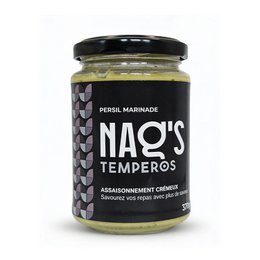 "Green salsa verde marinade jar, basil herb seasoning, glass container with black label"