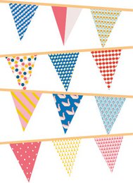 Colorful party bunting with various patterns and designs, including stripes, polka dots, and geometric shapes. The bunting is hung in a festive arrangement, creating a cheerful and celebratory atmosphere.