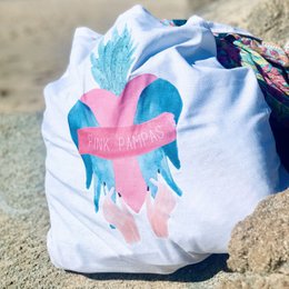 A large, reusable tote bag featuring a colorful heart design with the text "Pink Happiness" printed on it. The bag appears to be made of a lightweight, durable material suitable for shopping or carrying everyday items.