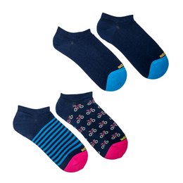 A pack of two low-cut combed cotton socks in navy blue with contrasting blue and pink accents. The socks feature a striped pattern and a bicycle print design.