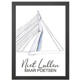 Minimalist sketch of the Erasmus Bridge in Rotterdam, Netherlands. The artwork features the iconic cable-stayed bridge design with the text "Niet Cullen maar Poetsen" below.