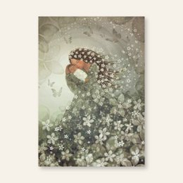  Soft, delicate floral card with a small bird nestled among the flowers. The card features a whimsical, dreamlike design with a muted color palette and a sense of tranquility.