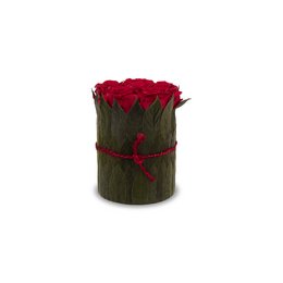 A preserved floral arrangement featuring a bouquet of red roses in a rustic wooden container. The arrangement includes red, green, ivory, and light pink rose variants, with some having black leaves. The roses are carefully preserved to maintain their natural beauty.