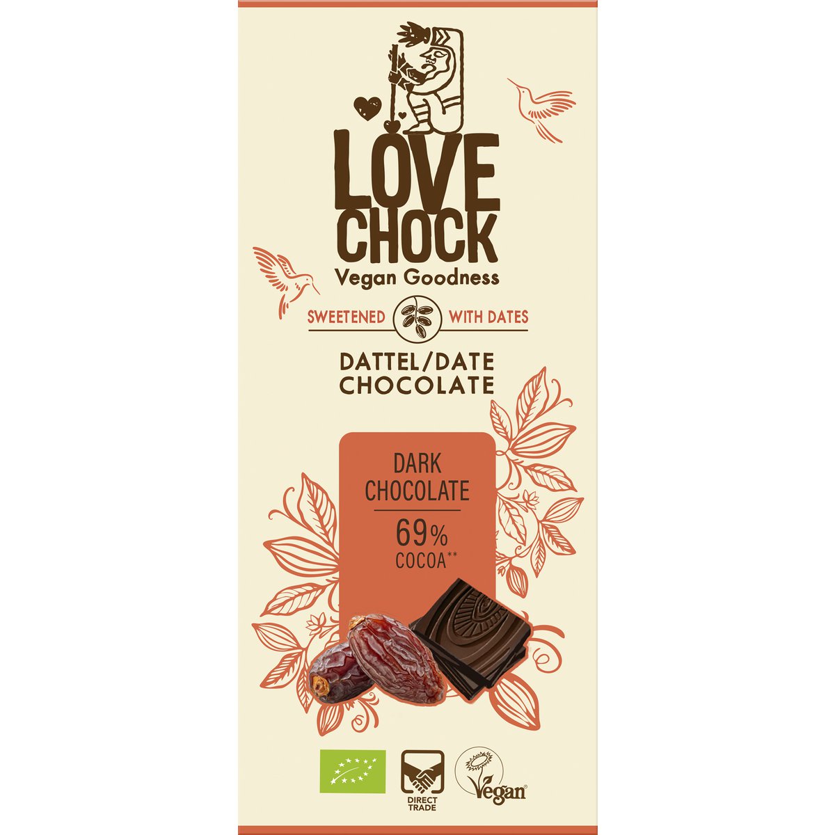Chocolat pur sucré avec des dates à 69% de cacao - bio, végétalien, durable