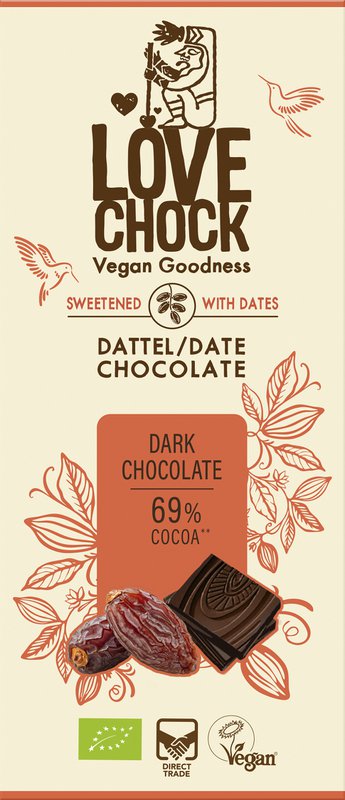 Cioccolato puro addolcizzato con date 69% di cacao - biologico, vegano, resistente