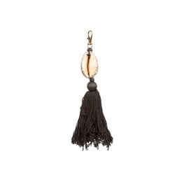 A black and brown keychain with a tassel and a shell-like charm.